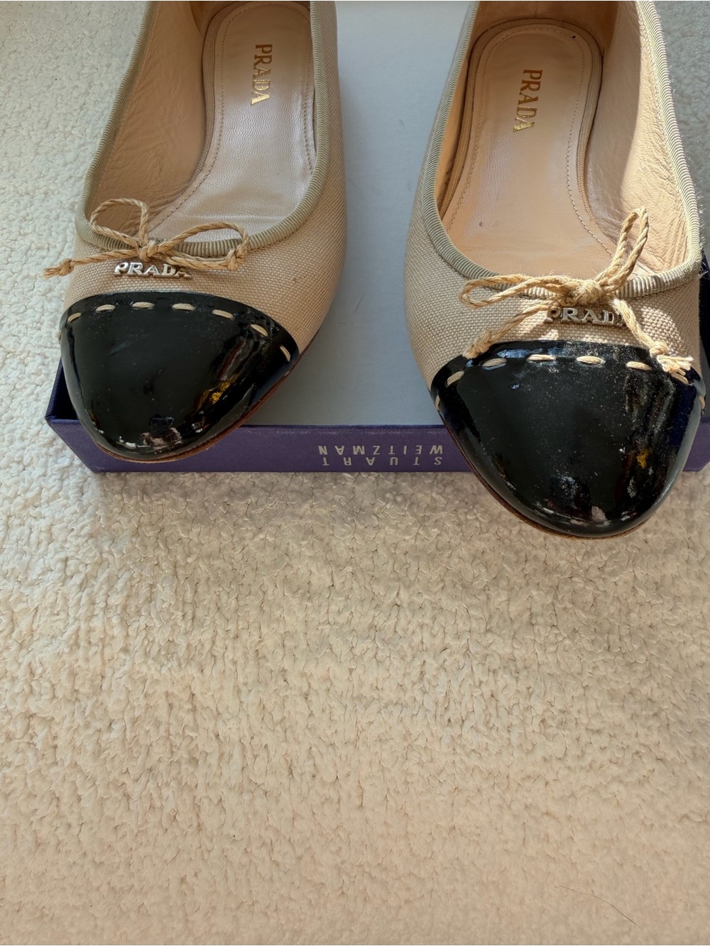 Prada Beige Canvas Ballet Flats with Black Patent Cap Toe - Picture 5 of 5